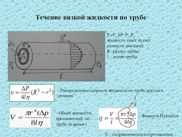 Течение вязкой жидкости по трубе об P1›P2 ΔP=P1-P2 жидкость течет за счет разности