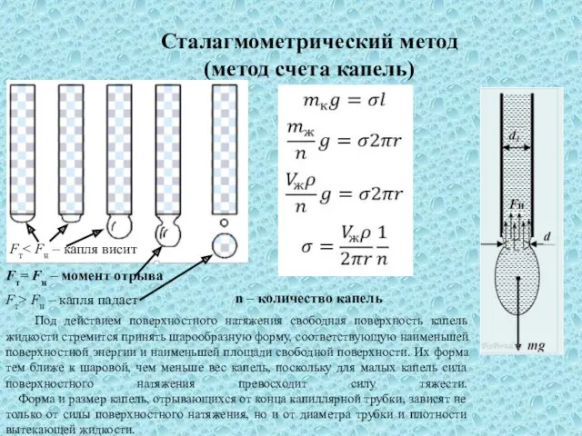 Сталагмометрический метод (метод счета капель) Под действием поверхностного натяжения свободная поверхность капель жидкости