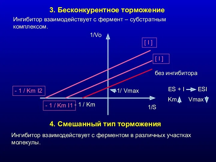 3. Бесконкурентное торможение Ингибитор взаимодействует с фермент – субстратным комплексом.