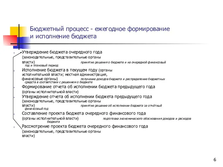 Бюджетный процесс - ежегодное формирование и исполнение бюджета Утверждение бюджета