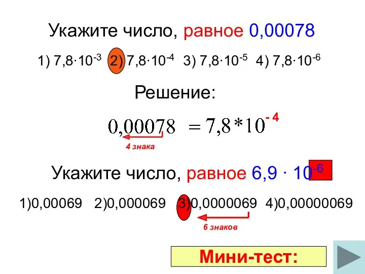 Укажите число, равное 6,9 ∙ 10-6 1)0,00069 2)0,000069 3)0,0000069 4)0,00000069 Укажите число, равное