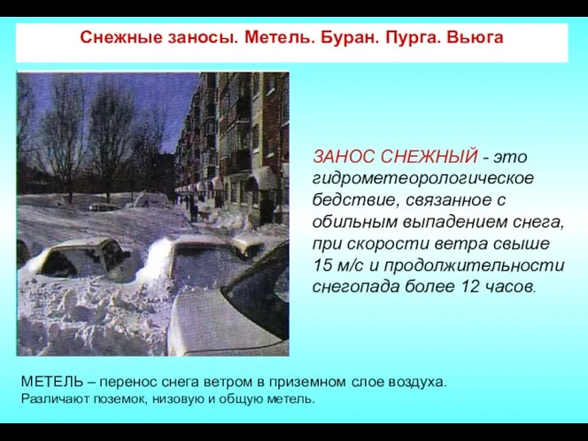 Снежные заносы. Метель. Буран. Пурга. Вьюга ЗАНОС СНЕЖНЫЙ - это гидрометеорологическое бедствие, связанное