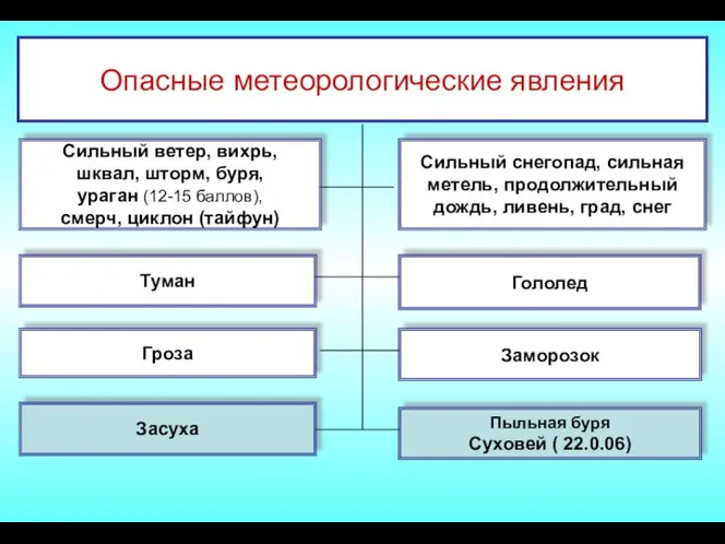 Опасные метеорологические явления Гроза Заморозок Пыльная буря Суховей ( 22.0.06)