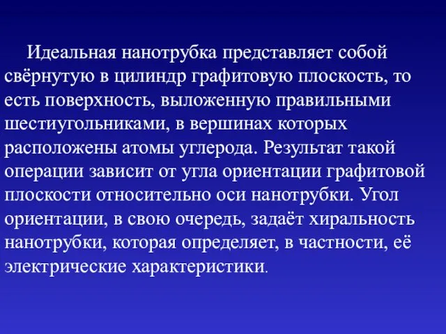 Идеальная нанотрубка представляет собой свёрнутую в цилиндр графитовую плоскость, то