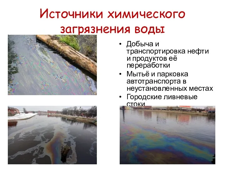 Источники химического загрязнения воды Добыча и транспортировка нефти и продуктов её переработки Мытьё