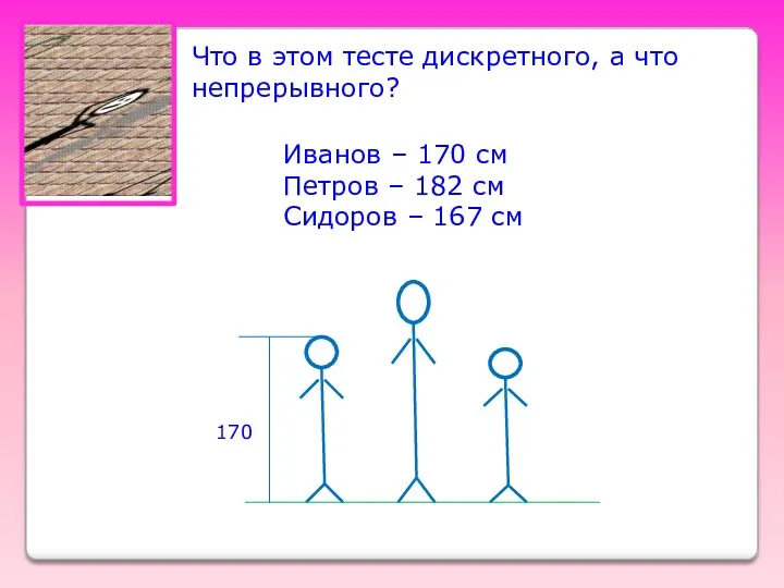 Что в этом тесте дискретного, а что непрерывного? Иванов – 170 см Петров