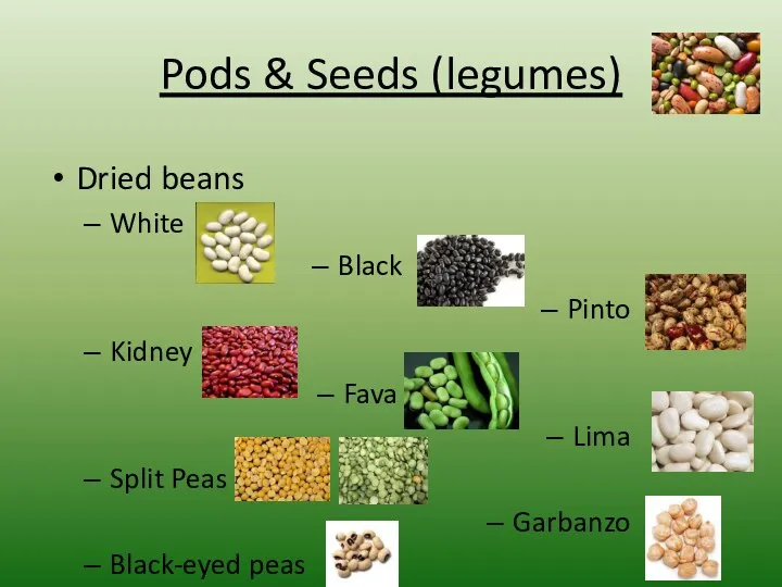 Pods & Seeds (legumes) Dried beans White Black Pinto Kidney