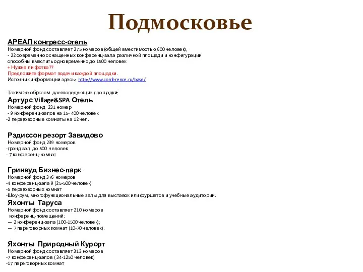 Подмосковье АРЕАЛ конгресс-отель Номерной фонд составляет 275 номеров (общей вместимостью