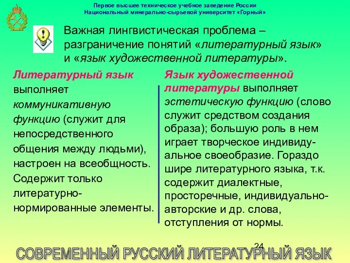 СОВРЕМЕННЫЙ РУССКИЙ ЛИТЕРАТУРНЫЙ ЯЗЫК Важная лингвистическая проблема – разграничение понятий