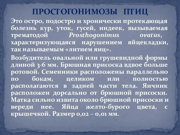 ПРОСТОГОНИМОЗЫ ПТИЦ Это остро, подостро и хронически протекающая болезнь кур,