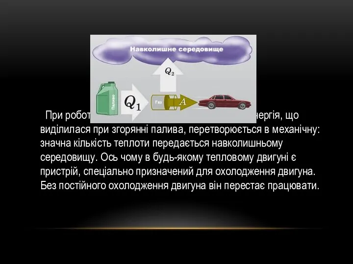 При роботі теплового двигуна далеко не вся енергія, що виділилася