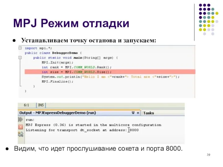 MPJ Режим отладки Устанавливаем точку останова и запускаем: Видим, что идет прослушивание сокета и порта 8000.