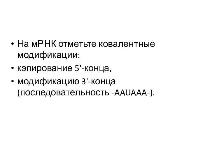 На мРНК отметьте ковалентные модификации: кэпирование 5'-конца, модификацию 3'-конца (последовательность -AAUAAA-).