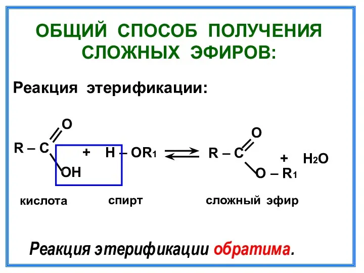 ОБЩИЙ СПОСОБ ПОЛУЧЕНИЯ СЛОЖНЫХ ЭФИРОВ: Реакция этерификации: О R –