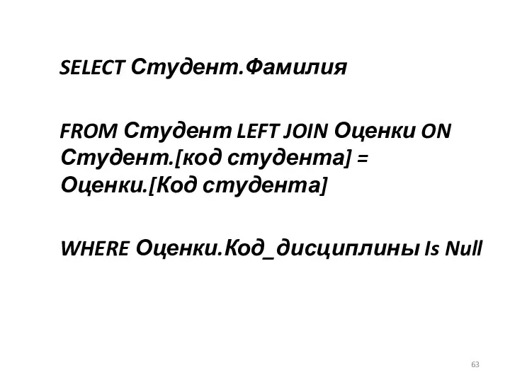 SELECT Студент.Фамилия FROM Студент LEFT JOIN Оценки ON Студент.[код студента] = Оценки.[Код студента]