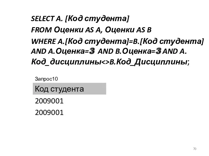 SELECT A. [Код студента] FROM Оценки AS A, Оценки AS B WHERE A.[Код