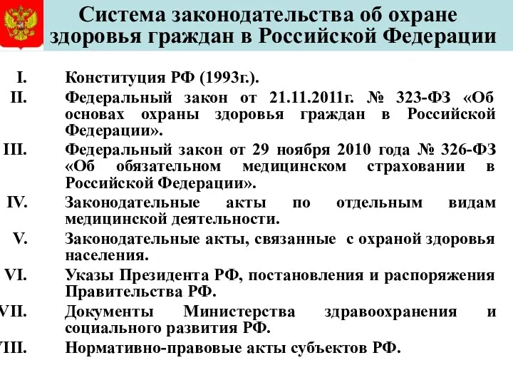 Система законодательства об охране здоровья граждан в Российской Федерации Конституция