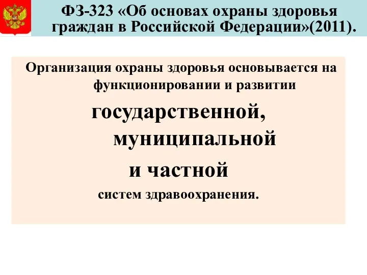 ФЗ-323 «Об основах охраны здоровья граждан в Российской Федерации»(2011). Организация