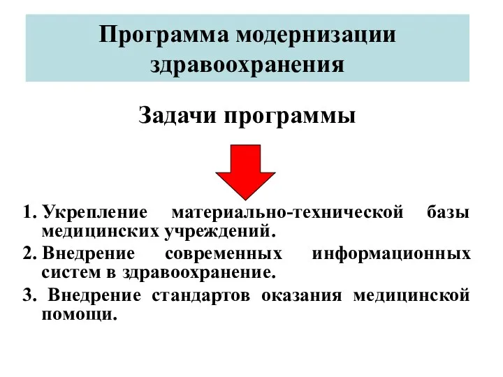 Программа модернизации здравоохранения Задачи программы 1. Укрепление материально-технической базы медицинских