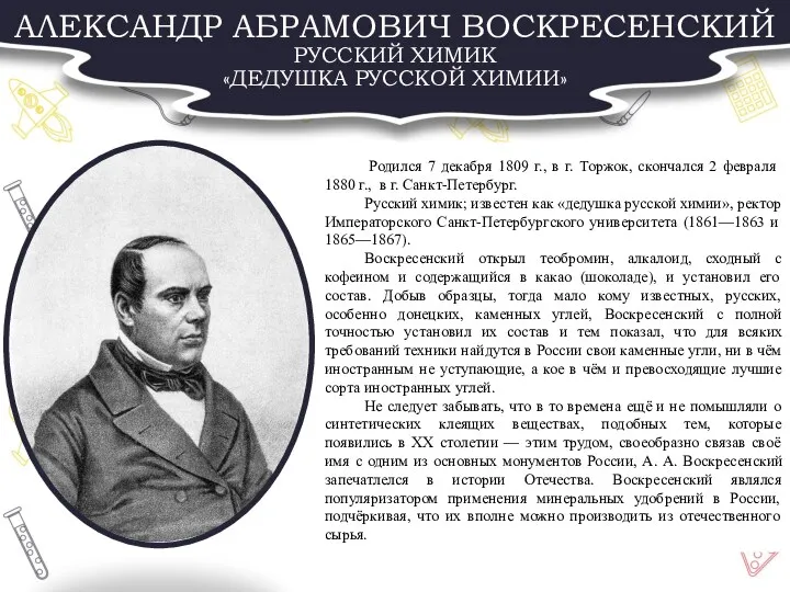 АЛЕКСАНДР АБРАМОВИЧ ВОСКРЕСЕНСКИЙ РУССКИЙ ХИМИК «ДЕДУШКА РУССКОЙ ХИМИИ» Родился 7