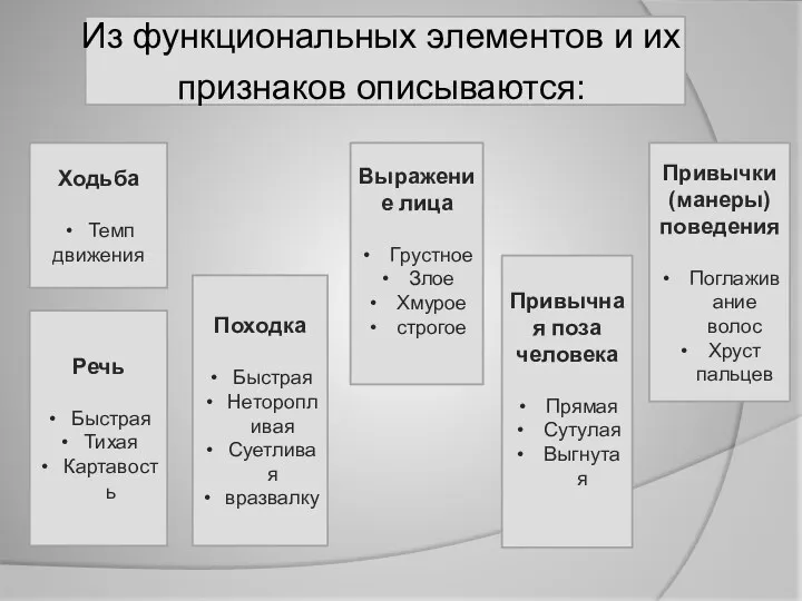 Из функциональных элементов и их признаков описываются: Привычная поза человека