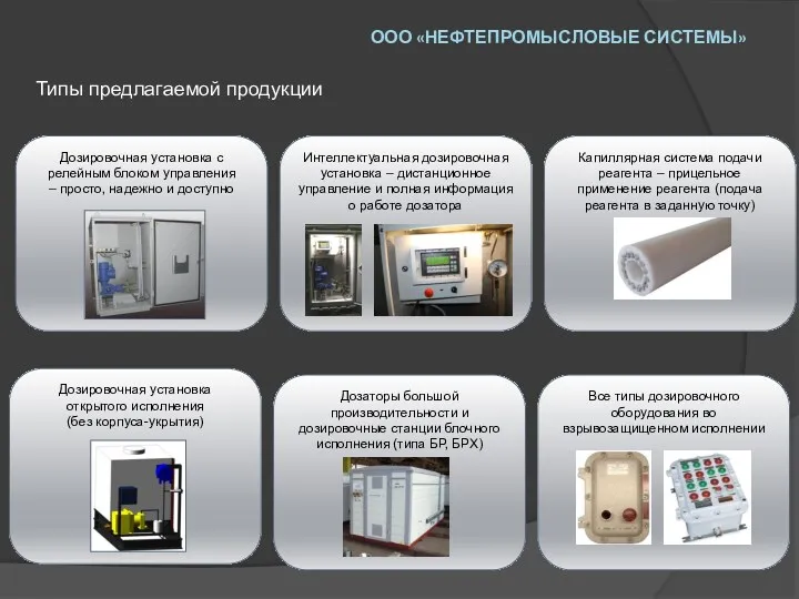 ООО «НЕФТЕПРОМЫСЛОВЫЕ СИСТЕМЫ» Типы предлагаемой продукции Дозировочная установка с релейным блоком управления –