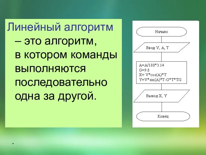 Линейный алгоритм – это алгоритм, в котором команды выполняются последовательно одна за другой. *