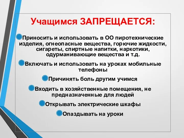 Учащимся ЗАПРЕЩАЕТСЯ: Приносить и использовать в ОО пиротехнические изделия, огнеопасные