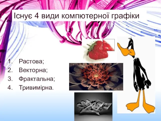 Існує 4 види компютерної графіки Растова; Векторна; Фрактальна; Тривимірна.