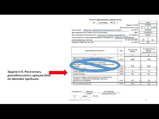 Задача 578. Рассчитать рентабельность продаж (ROS) по валовой прибыли: Тимофеева А.А. 2020 (с)