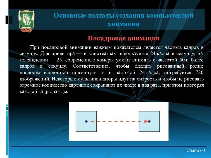 Покадровая анимация При покадровой анимации важным показателем является частота кадров