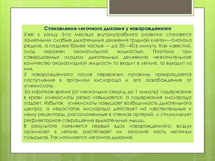 Становление легочного дыхания у новорожденного Уже к концу 5-го месяца