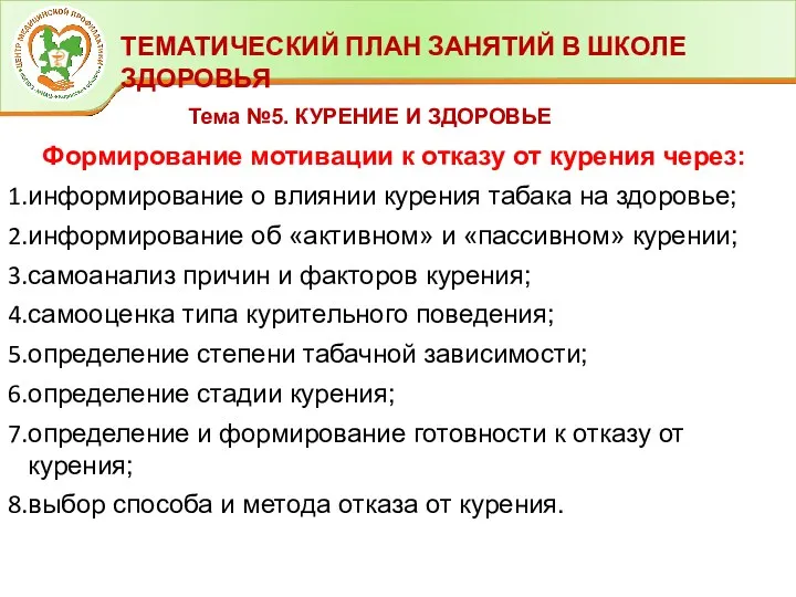 ТЕМАТИЧЕСКИЙ ПЛАН ЗАНЯТИЙ В ШКОЛЕ ЗДОРОВЬЯ Тема №5. КУРЕНИЕ И