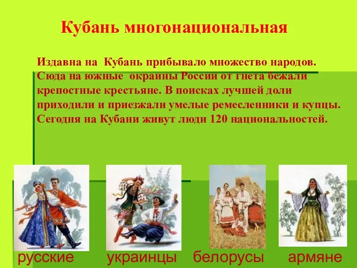 Кубань многонациональная Издавна на Кубань прибывало множество народов. Сюда на