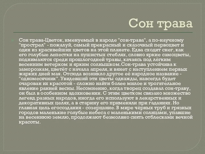 Сон трава Сон трава-Цветок, именуемый в народе "сон-трава", а по-научному