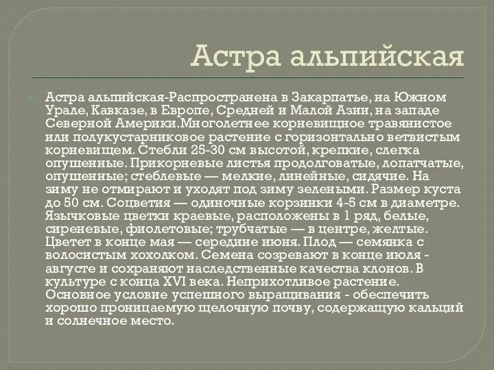 Астра альпийская Астра альпийская-Распространена в Закарпатье, на Южном Урале, Кавказе,