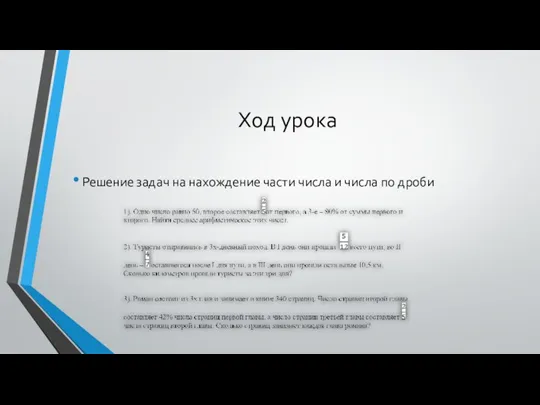 Ход урока Решение задач на нахождение части числа и числа по дроби