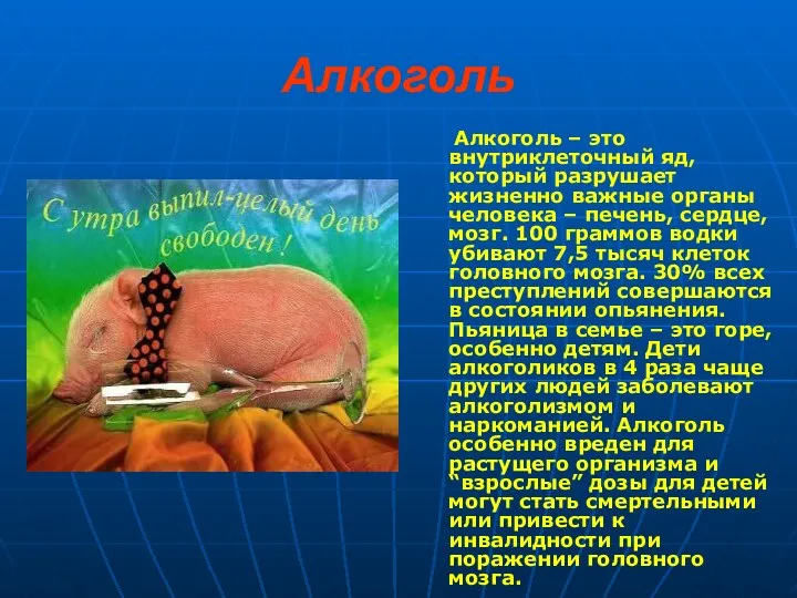 Алкоголь Алкоголь – это внутриклеточный яд, который разрушает жизненно важные