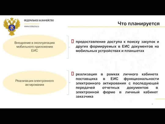 9 Что планируется Внедрение в эксплуатацию мобильного приложения ЕИС предоставление