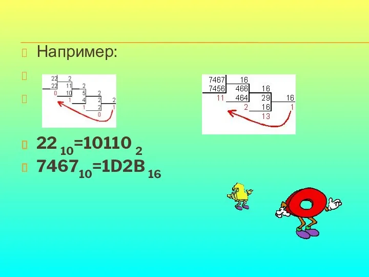 Например: 22 10=10110 2 746710=1D2B 16