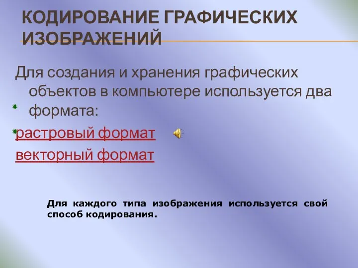 КОДИРОВАНИЕ ГРАФИЧЕСКИХ ИЗОБРАЖЕНИЙ Для создания и хранения графических объектов в