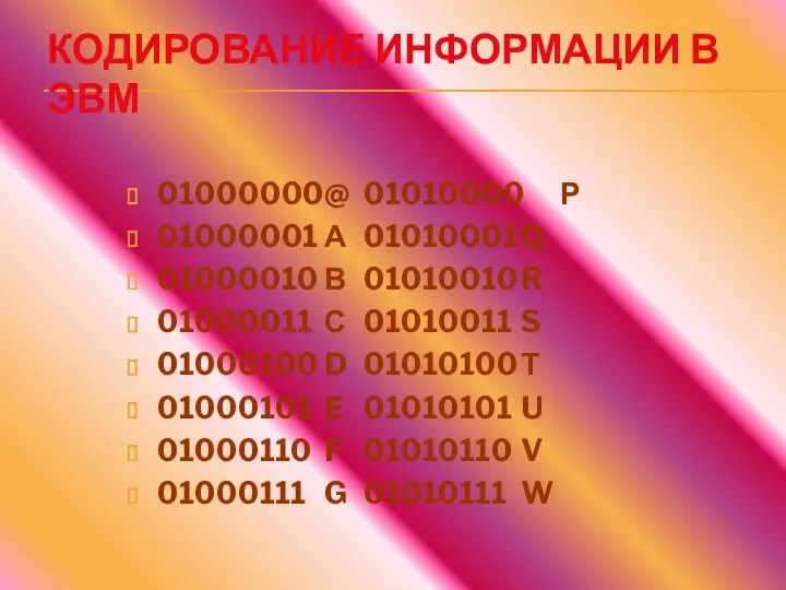 КОДИРОВАНИЕ ИНФОРМАЦИИ В ЭВМ 01000000 @ 01010000 Р 01000001 А