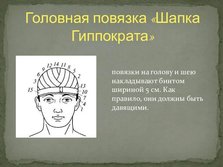 Головная повязка «Шапка Гиппократа» повязки на голову и шею накладывают бинтом шириной 5