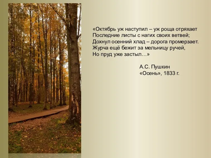 «Октябрь уж наступил – уж роща отряхает Последние листы с