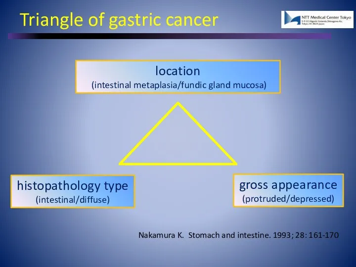 Triangle of gastric cancer location (intestinal metaplasia/fundic gland mucosa) histopathology type (intestinal/diffuse) gross