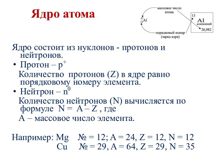 Ядро атома Ядро состоит из нуклонов - протонов и нейтронов.