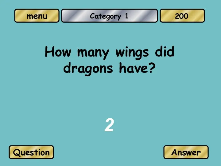Category 1 How many wings did dragons have? 2 Question Answer 200