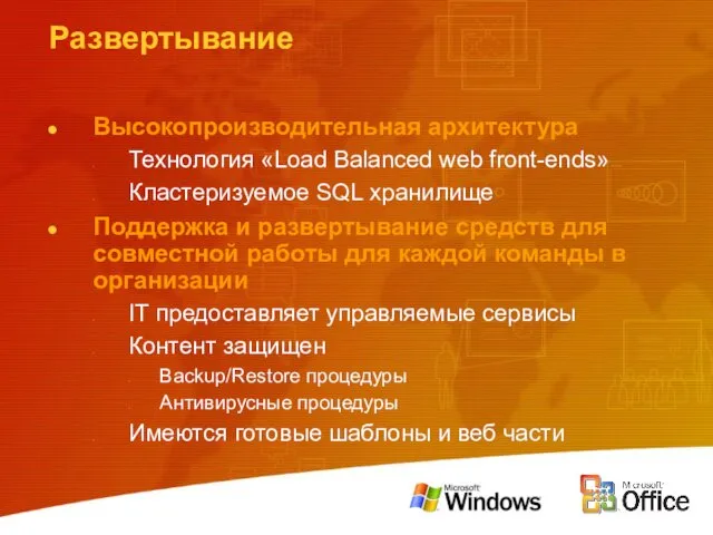 Развертывание Высокопроизводительная архитектура Технология «Load Balanced web front-ends» Кластеризуемое SQL