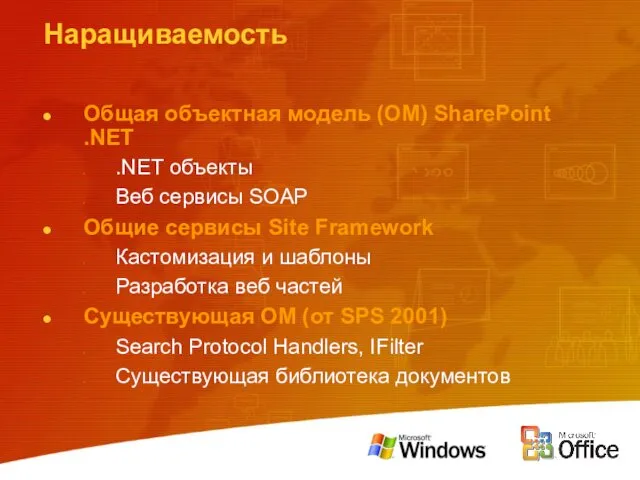 Наращиваемость Общая объектная модель (ОМ) SharePoint .NET .NET объекты Веб