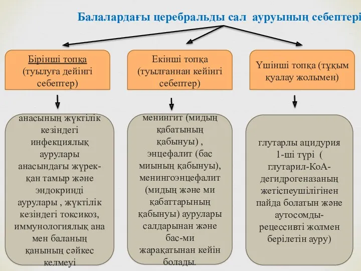 Балалардағы церебральды сал ауруының себептері: Бірінші топқа (туылуға дейінгі себептер)